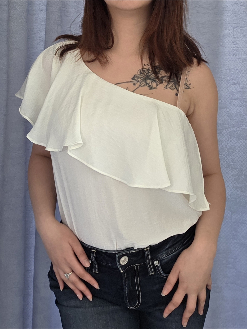 Forever21 One-Shoulder Ruffle Women’s Bodysuit Top - White